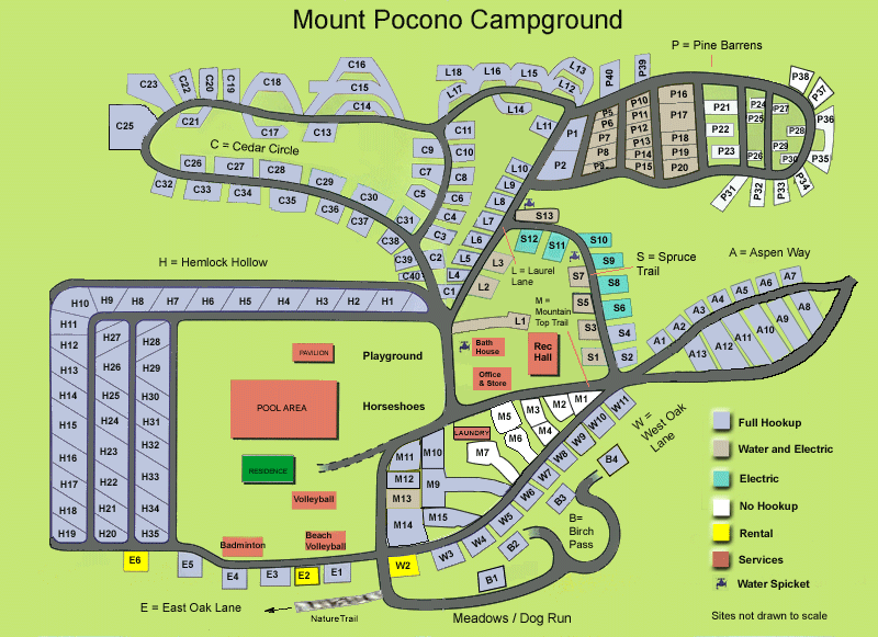 Map of Mount Pocono Campground showing roads, campsite numbers, facilities, and campsite types