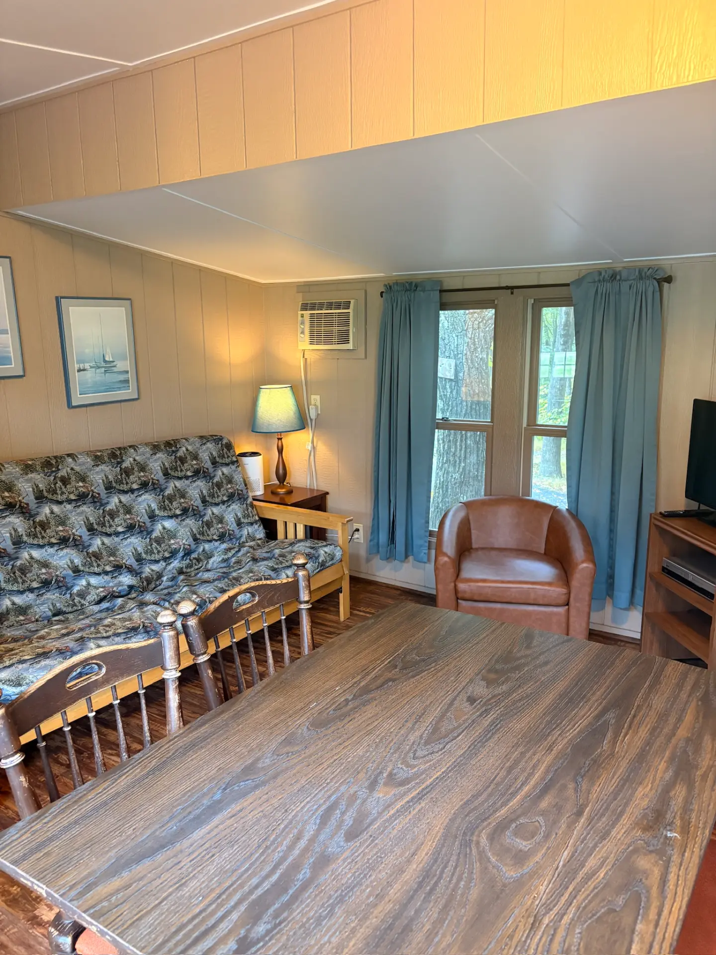 East Oak Lane 2 — Living room with a futon, leather armchair, TV, blue curtains and a wooden dining table