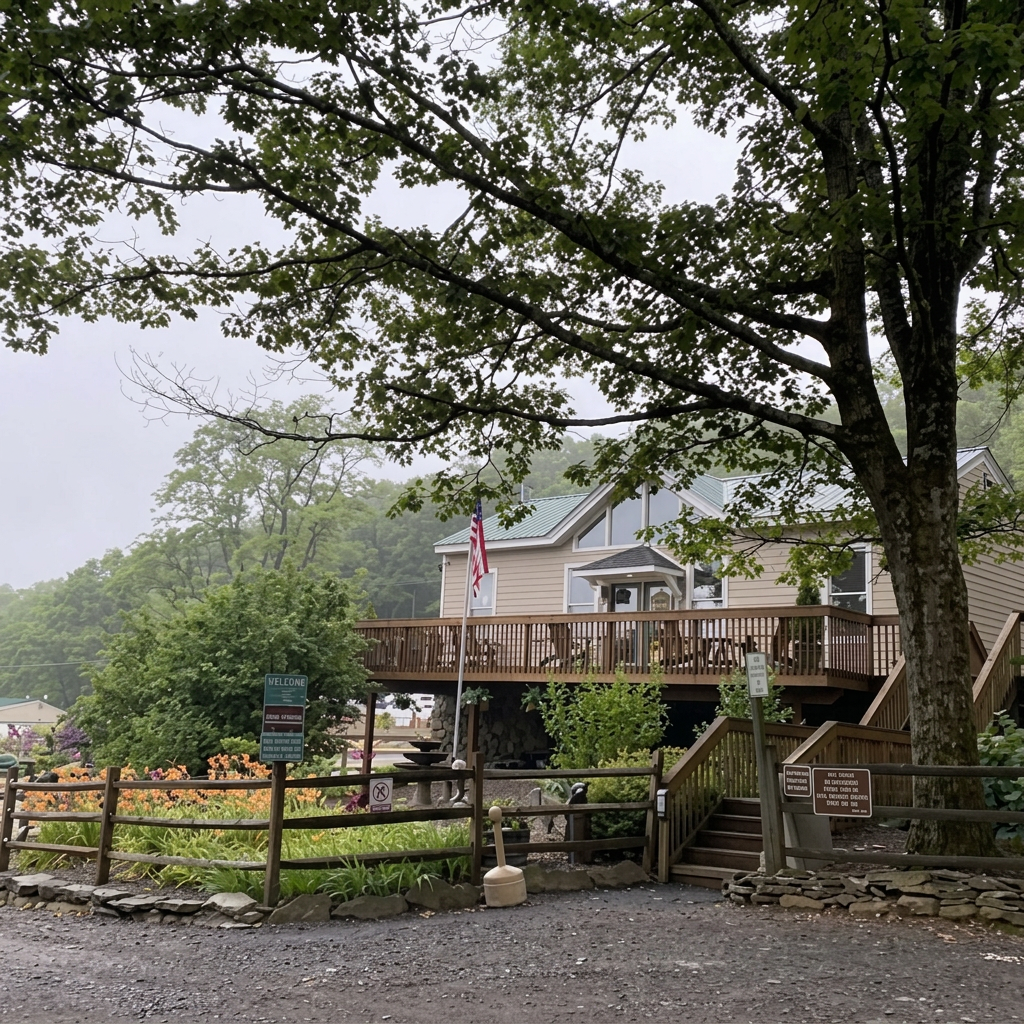 The Mount Pocono Campground camp store, a rustic wooden building with an American flag